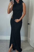 Black Elegant Solid Color Metal Accessories Trim O Neck Long Dresses