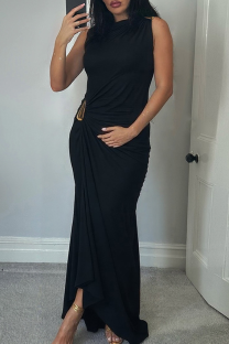 Black Elegant Solid Color Metal Accessories Trim O Neck Long Dresses