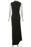 Brown Elegant Solid Color Metal Accessories Trim O Neck Long Dresses