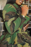 Army Green Casual Camouflage Print Buttons Turndown Collar Outerwear