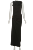 Brown Elegant Solid Color Metal Accessories Trim O Neck Long Dresses