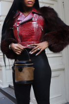 Red Casual Solid Color Zipper Turndown Collar Outerwear