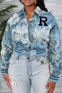 Light Blue Casual Letters Embroidered Turndown Collar Outerwear