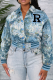 Light Blue Casual Letters Embroidered Turndown Collar Outerwear