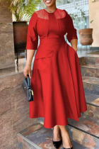 Red Casual Solid Color Pocket O Neck Long Dresses