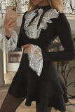 Black Elegant Solid Color Lace Mandarin Collar A Line Dresses