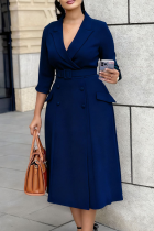 Tibetan Blue Elegant Solid Color With Belt Turn-back Collar Long Dresses
