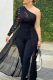 Black Casual Solid Color Mesh Oblique Collar Skinny Jumpsuits