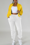 Yellow Casual Solid Color Buckle Contrast O Neck Long Sleeve Two Pieces
