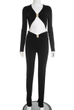 Black Sexy Solid Color Metal Accessories Trim V Neck Long Sleeve Two Pieces