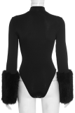 Black Sexy Solid Color Patchwork O Neck Skinny Bodysuits