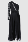 Black Casual Solid Color Mesh Oblique Collar Skinny Jumpsuits
