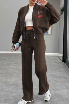 Coffee Casual Print Zipper Zipper Collar Long Sleeve Two Pieces