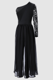 Black Casual Solid Color Mesh Oblique Collar Skinny Jumpsuits