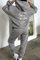 Light Gray Casual Print Pocket Hooded Long Sleeve Two Pieces