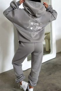 Light Gray Casual Print Pocket Hooded Long Sleeve Two Pieces