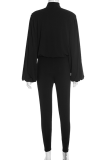 Black Casual Solid Color Ruched Deep V Neck Long Sleeve Two Pieces