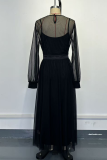 Black Elegant Solid Color Mesh O Neck Long Sleeve Two Pieces