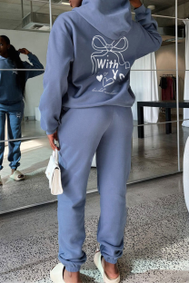 Light Blue Casual Print Pocket Hooded Long Sleeve Two Pieces