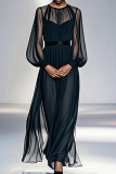 Black Elegant Solid Color Mesh O Neck Long Sleeve Two Pieces