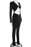 Black Sexy Solid Color Metal Accessories Trim V Neck Long Sleeve Two Pieces
