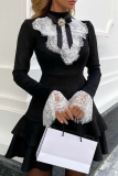 Black Elegant Solid Color Lace Mandarin Collar A Line Dresses