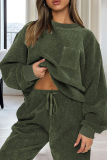Army Green Casual Solid Color Draw String O Neck Long Sleeve Two Pieces