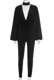 Black Casual Solid Color Ruched Deep V Neck Long Sleeve Two Pieces