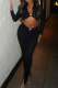 Black Sexy Solid Color Metal Accessories Trim V Neck Long Sleeve Two Pieces