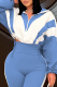 Royal Blue Casual Zipper Contrast Turndown Collar Outerwear