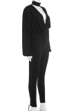 Black Casual Solid Color Ruched Deep V Neck Long Sleeve Two Pieces