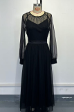 Black Elegant Solid Color Mesh O Neck Long Sleeve Two Pieces