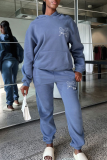 Light Blue Casual Print Pocket Hooded Long Sleeve Two Pieces