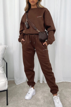 Coffee Casual Print Patchwork O Neck Long Sleeve Two Pieces
