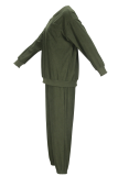 Army Green Casual Solid Color Draw String O Neck Long Sleeve Two Pieces
