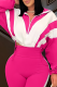 Rose Red Casual Zipper Contrast Turndown Collar Outerwear
