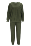 Army Green Casual Solid Color Draw String O Neck Long Sleeve Two Pieces