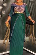 Green Elegant Solid Color Hot Drill V Neck Long Plus Size Dresses