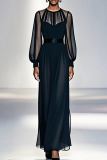 Black Elegant Solid Color Mesh O Neck Long Sleeve Two Pieces