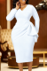 White Elegant Solid Color Flounce V Neck Wrapped Skirt Dresses