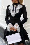 Black Elegant Solid Color Lace Mandarin Collar A Line Dresses