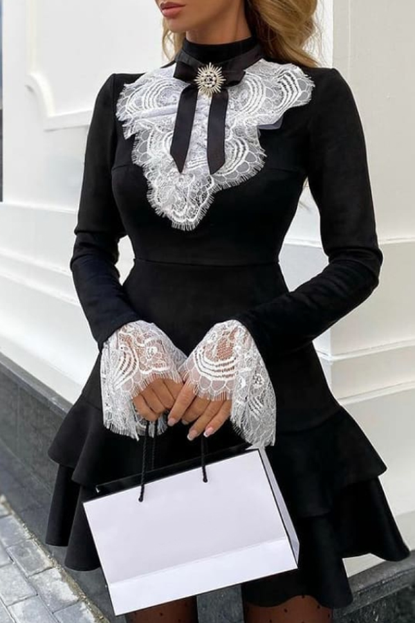 Black Elegant Solid Color Lace Mandarin Collar A Line Dresses