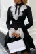 Black Elegant Solid Color Lace Mandarin Collar A Line Dresses