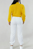 Yellow Casual Solid Color Buckle Contrast O Neck Long Sleeve Two Pieces
