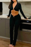 Black Sexy Solid Color Metal Accessories Trim V Neck Long Sleeve Two Pieces
