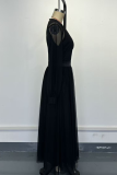 Black Elegant Solid Color Mesh O Neck Long Sleeve Two Pieces