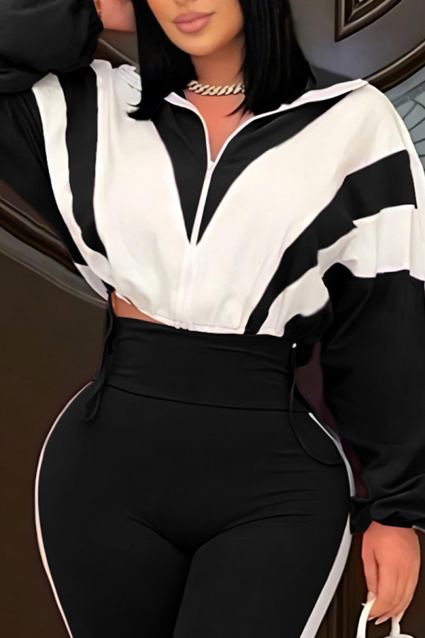 Black Casual Zipper Contrast Turndown Collar Outerwear