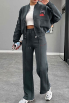 Dark Gray Casual Print Zipper Zipper Collar Long Sleeve Two Pieces