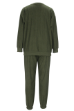 Army Green Casual Solid Color Draw String O Neck Long Sleeve Two Pieces