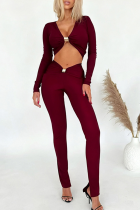 Burgundy Sexy Solid Color Metal Accessories Trim V Neck Long Sleeve Two Pieces